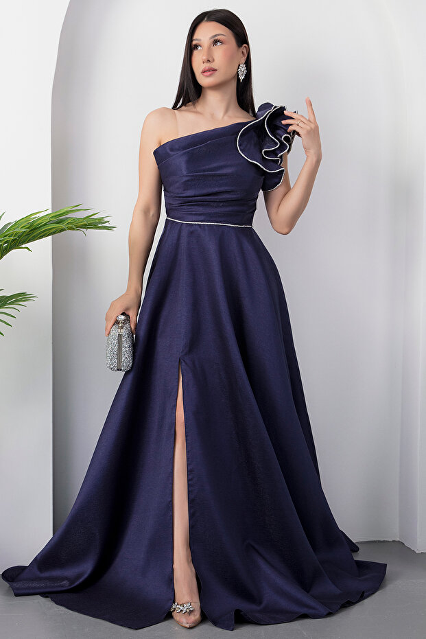 Tek Omuz Göğüs Büzgülü Yırtmaçlı Abiye Elbise ECR5579 - 5