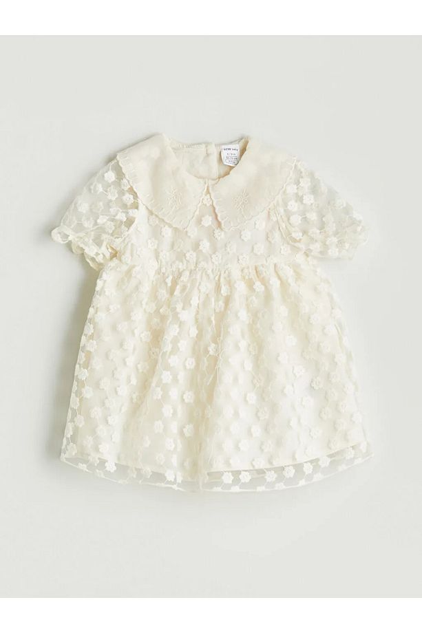 LCW baby Ekru Çiçekli Kız Bebek Dantel Elbise - 1