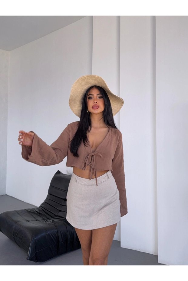 Women's Camel Front Tie Muslin Fabric Crop Blouse Hzl25S-Dsb104071