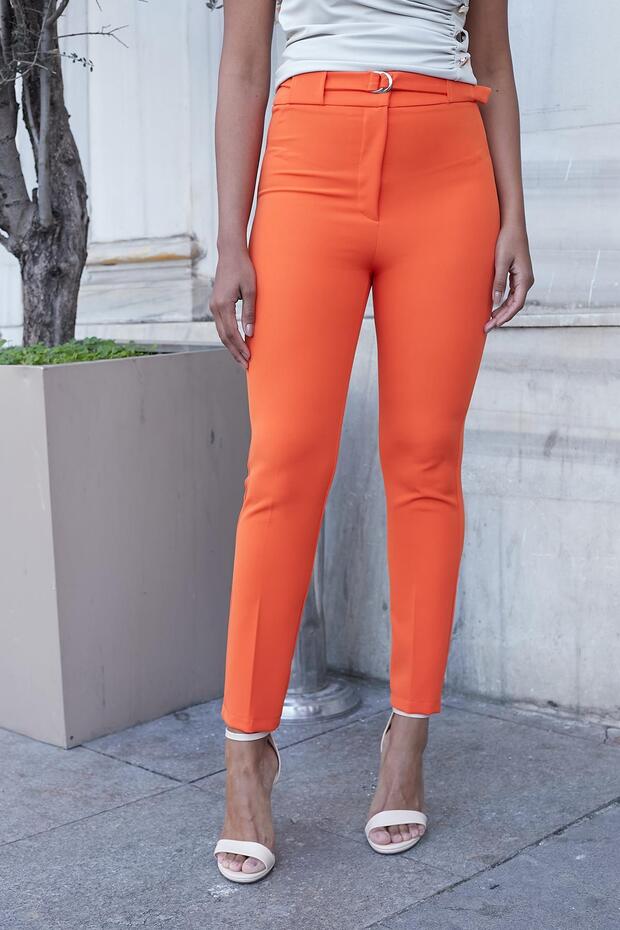 Thick Belted D Buckle Ankle Length Regular Waist Stretch Fabric Fabric Trousers -Orange