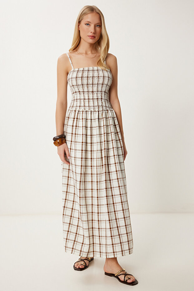 Strappy Striped Linen Dress Brown Lns0060