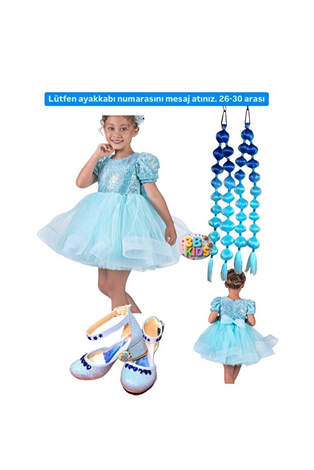 Sequin Elsaa Princess Blue Fluffy Dress 2Pcs Blue Glitter Bubble Hair Blue Heels Shoes Set