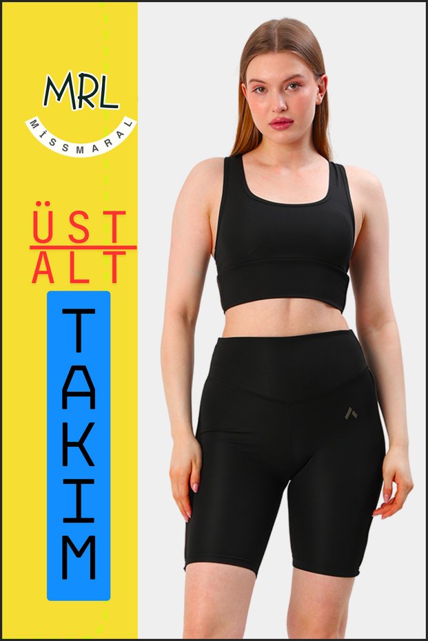 Women's Black Suit Top-Bottom Short Shorts-Leggings and Sports Bustier with Pads 2Li Set Navy Blue Piping Elt3043