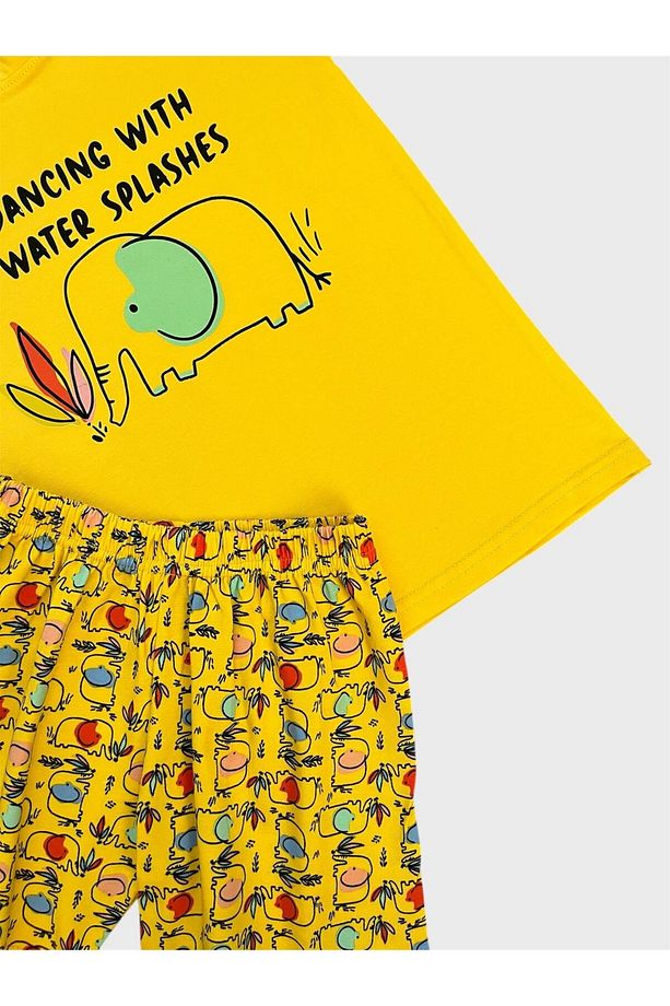 Erkek Çocuk %100 Pamuklu Sarı Fil Desenli Kısa Kollu Şortlu Yazlık Pijama Takımı - 2