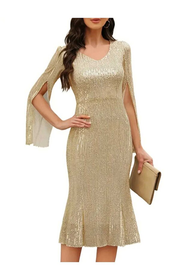 V YAKA PULPAYET MİDİ ELBİSE - 4