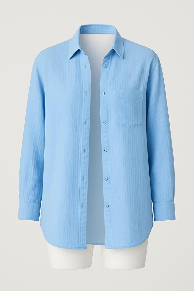 Oversize Basic Düğmeli Müslin Gömlek - 3