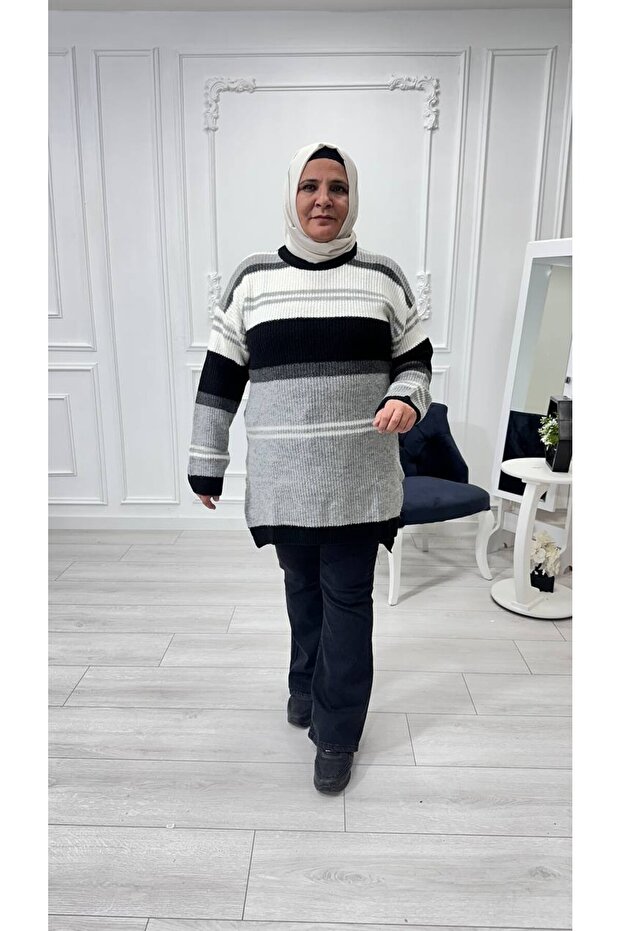 سترة محبوكة مخططة مقاس كبير