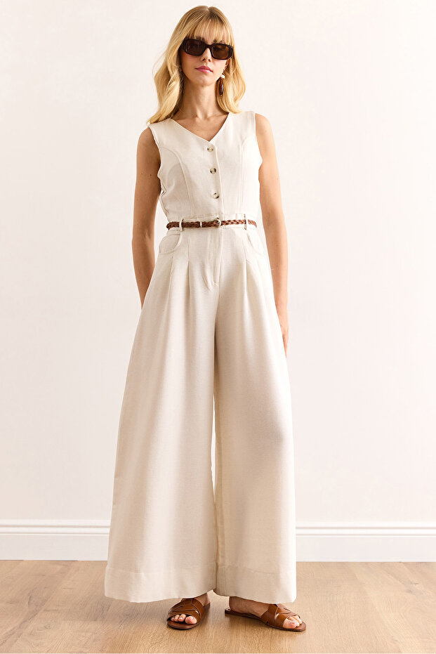 Women's Stone Buttoned Pocket Belted Wide Leg Jumpsuit Tlm-19000157