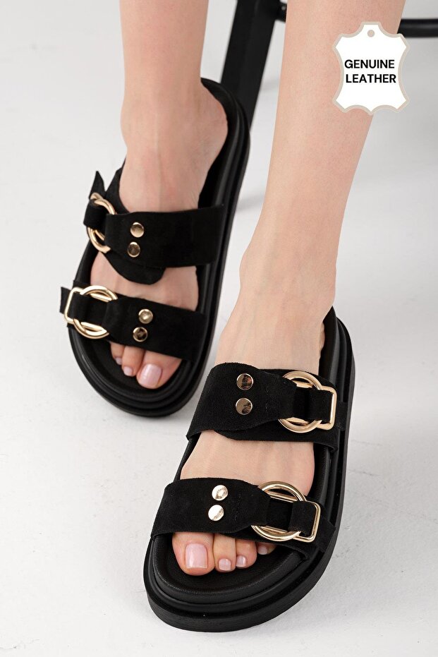 Gretel Genuine Suede Black Color Double Buckle Women's Slippers