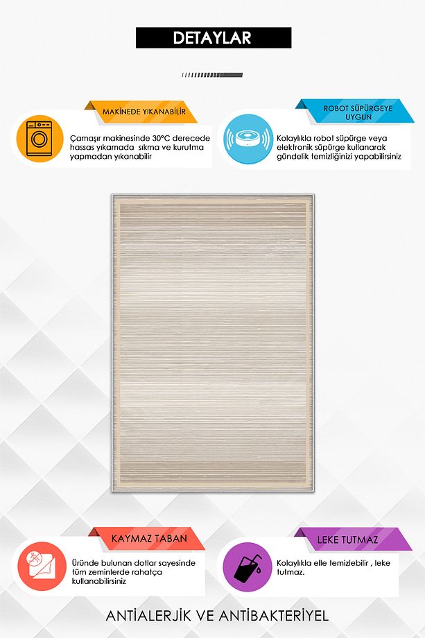 Makinede Yıkanabilir Kaymaz Taban Leke Tutmaz Vizon Salon Halısı ve Yolluk - 3