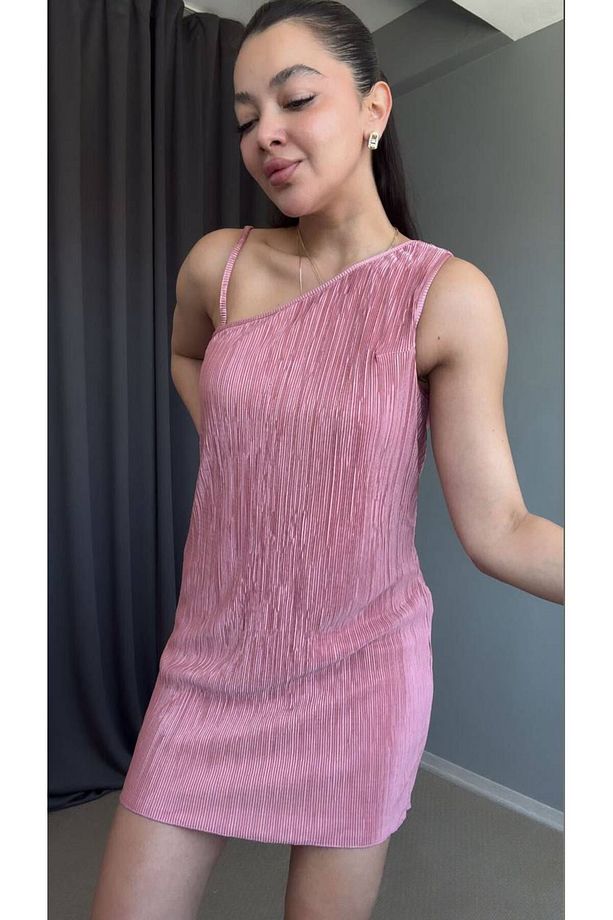 Pembe Piliseli Tek Omuz Kısa Elbise - 1