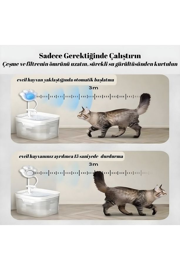 Kedi Su Sebili Hareket Sensörü 3 Metreye Kadar Otomatik Algılama USB Girişli - 6