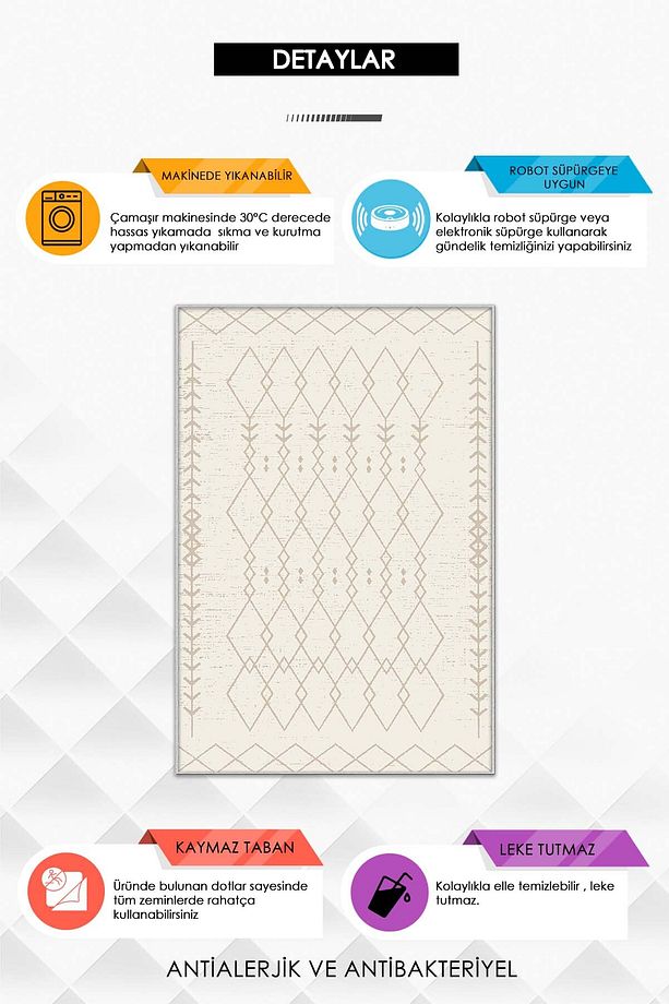 Makinede Yıkanabilir Kaymaz Taban Leke Tutmaz Krem Salon Halısı ve Yolluk - 3
