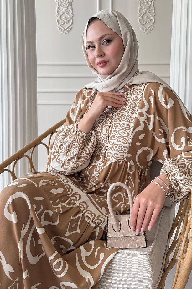 Kıvrımlı Sarmal Desen Camel Viskon Elbise - 4