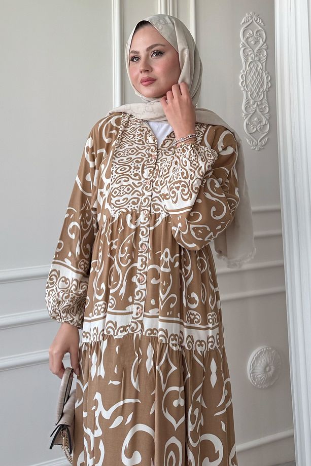 Kıvrımlı Sarmal Desen Camel Viskon Elbise - 5