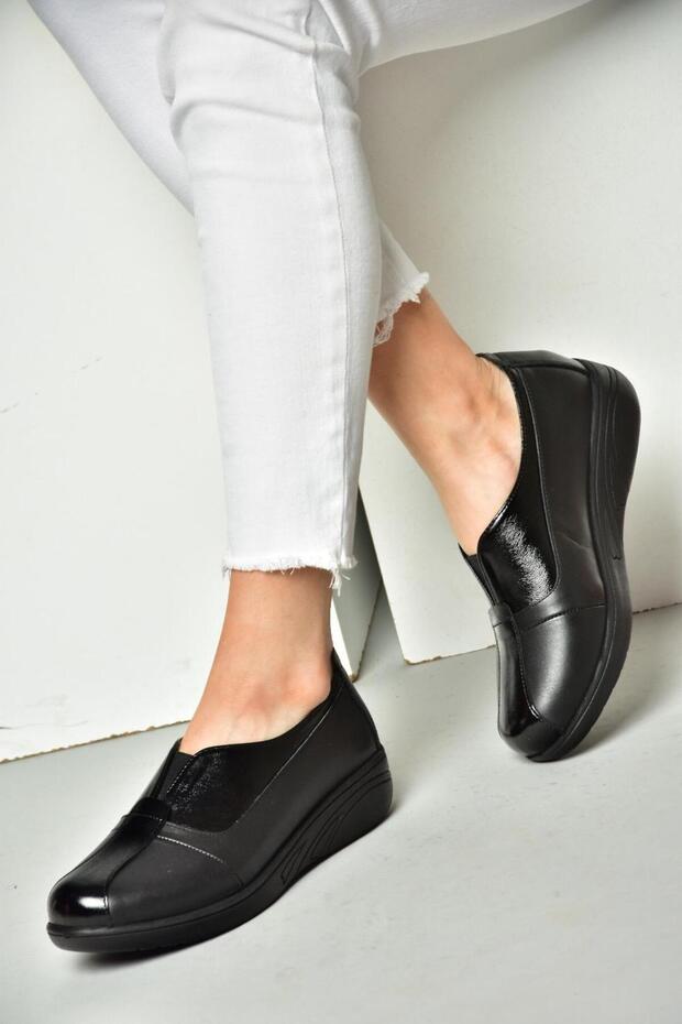 P555070503 Black Genuine Leather Comfort Orthopedic Sole Women's Shoes