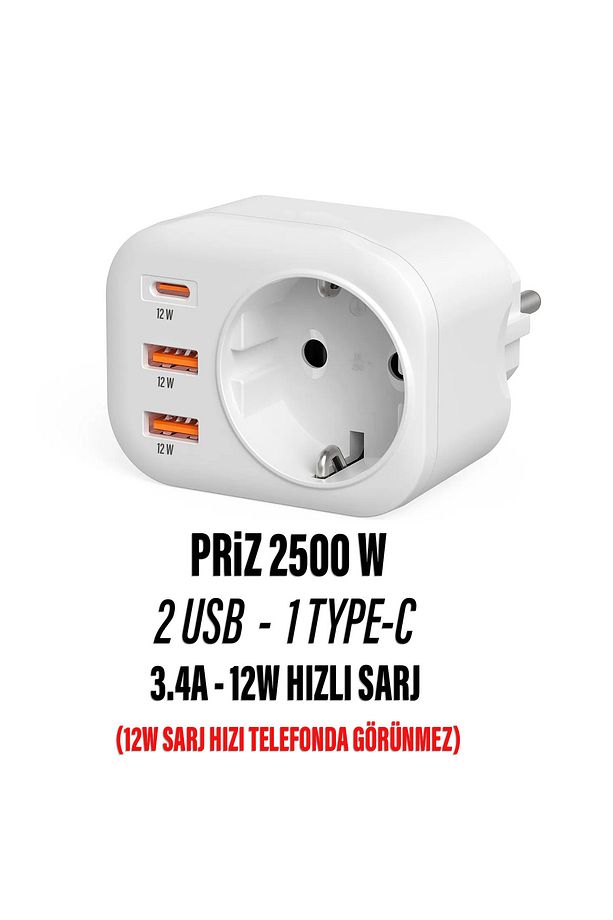 USB Type-C Priz Dönüştürücü Şarj Adaptörü Priz - 2 USB - 1 Type-C Girişli Çoklu Fiş - 2
