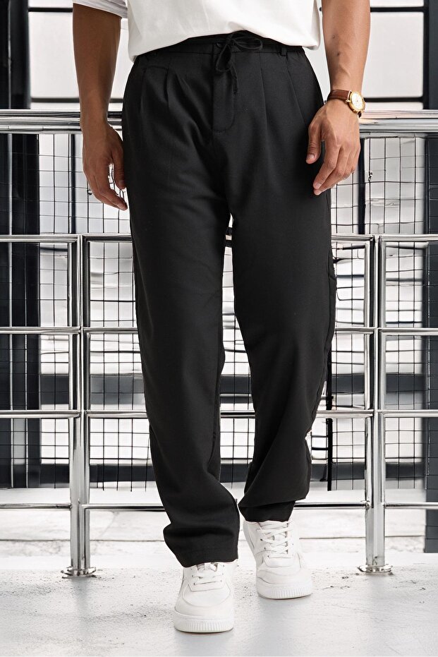 Front Double Pleated Zippered Elastic Waist Jogger Men's Trousers - Black