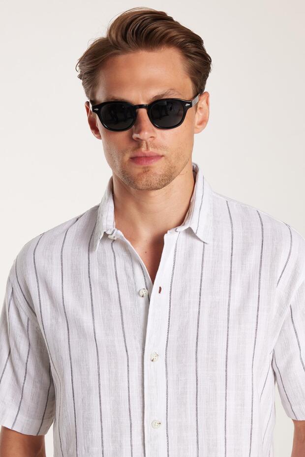 Relax Fit Oversize Cotton Linen Effect Striped Special Design Men's Shirt
