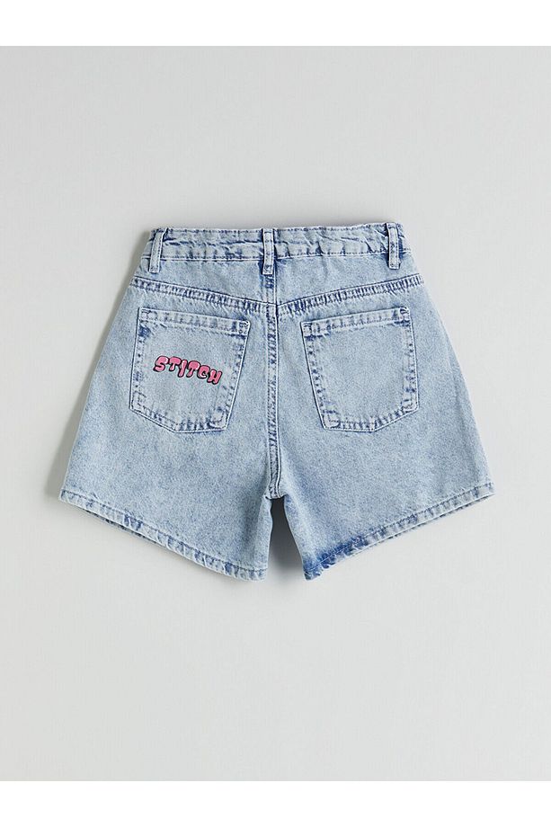 Stitch Baskılı Kız Çocuk Jean Şort - 3
