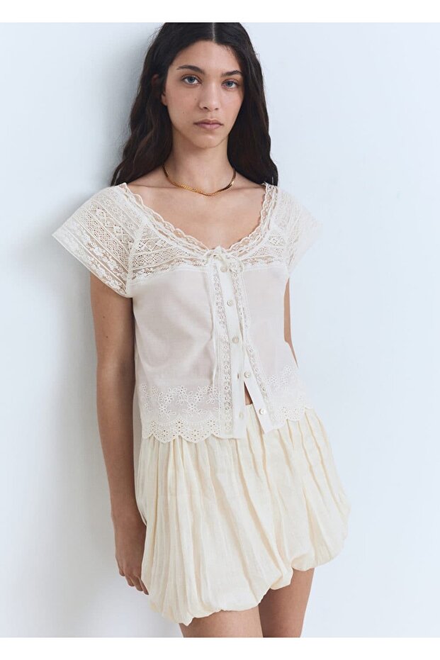 Dantel Detaylı Pamuklu Bluz - 1