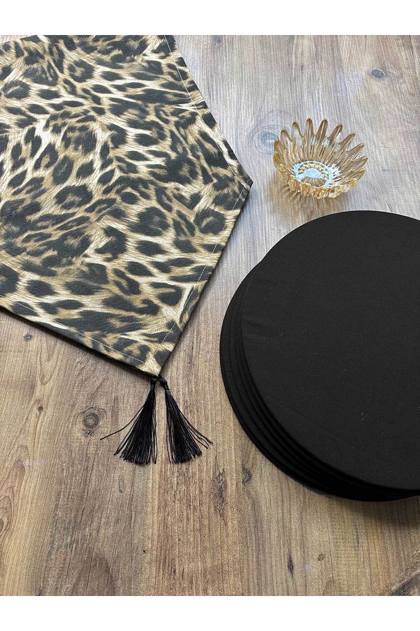 Leopar Desenli Runner ve 6’lı Siyah Supla Takımı | Duck Keten Runner | Modern Sofra Takımı - 1