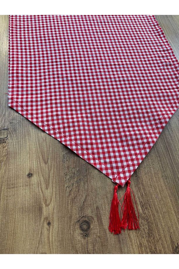 Kırmızı Pitikareli İnce Tip Kumaş Püsküllü Runner | 40x140 cm | Şık ve Hafif Masa Örtüsü - 2
