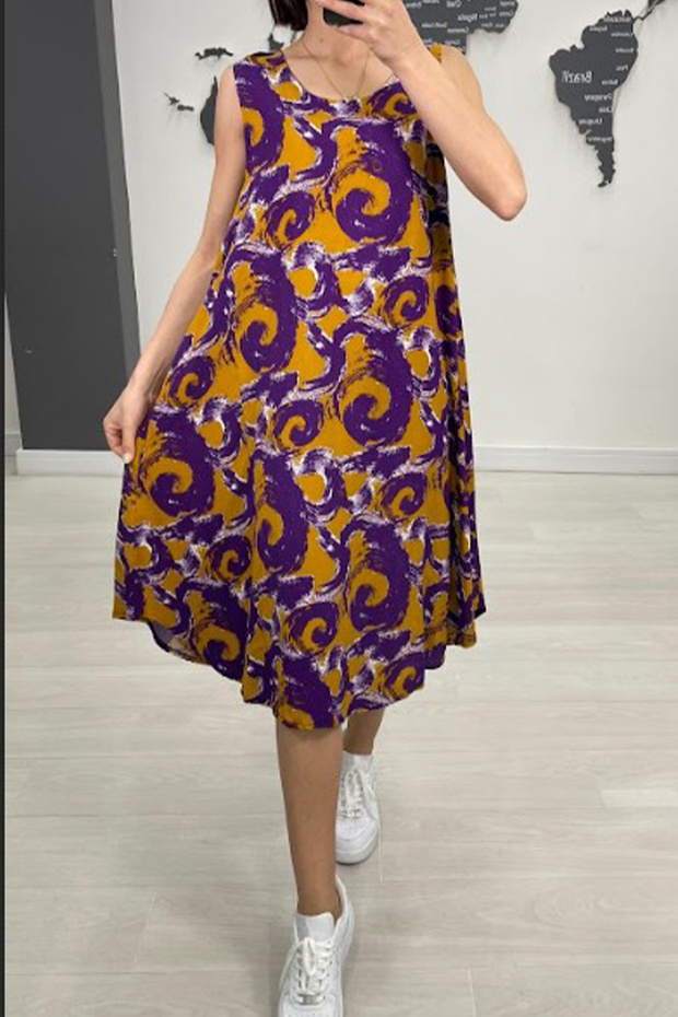 Women's Purple Mustard Ethnic Patterned Sleeveless Midi Dress