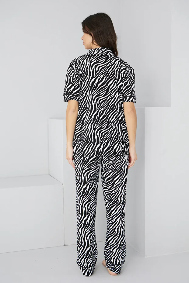 Black and White Zebra Pattern Cotton Buttoned Ribbed Knitted Pajama Suit7352 - 3