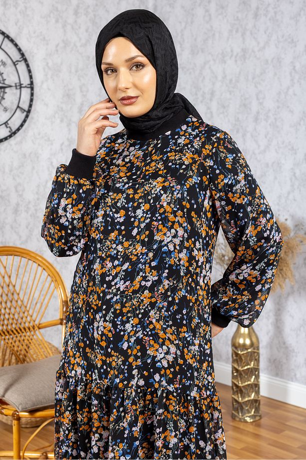 Siyah Çiçekli Şifon Tesettür Elbise - 3