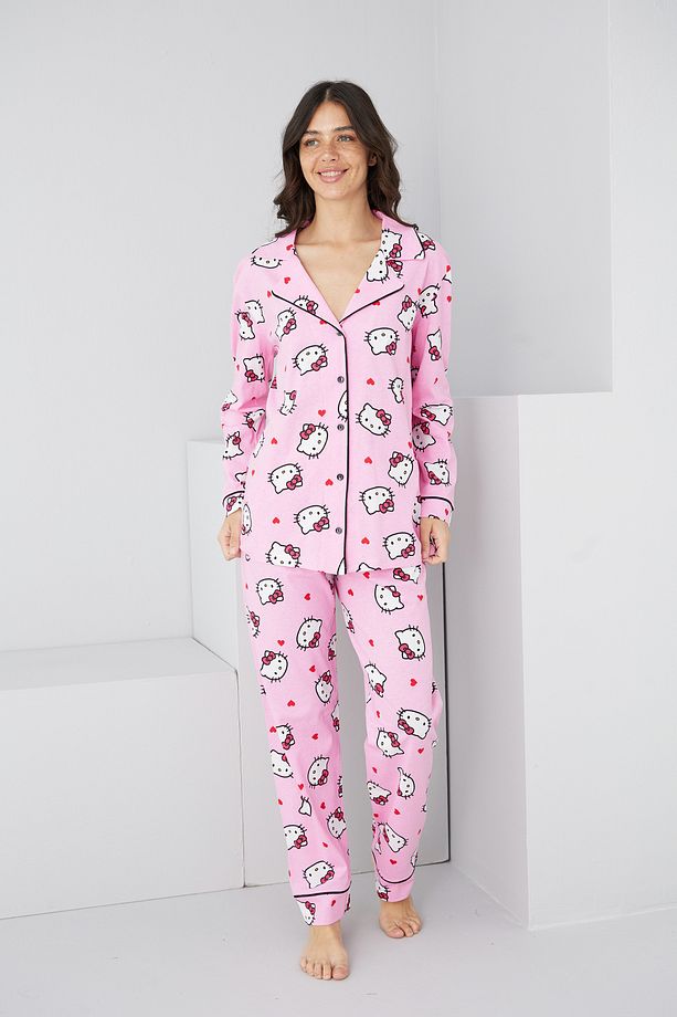 pembe lisanslı hello kitty desenli Pamuklu Düğmeli Biyeli Örme Uzun Kollu Pijama Takım7314 - 2