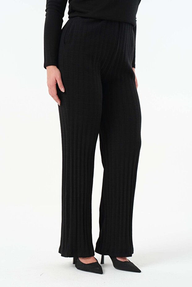 Piliseli Örme Pantolon - Siyah - 2