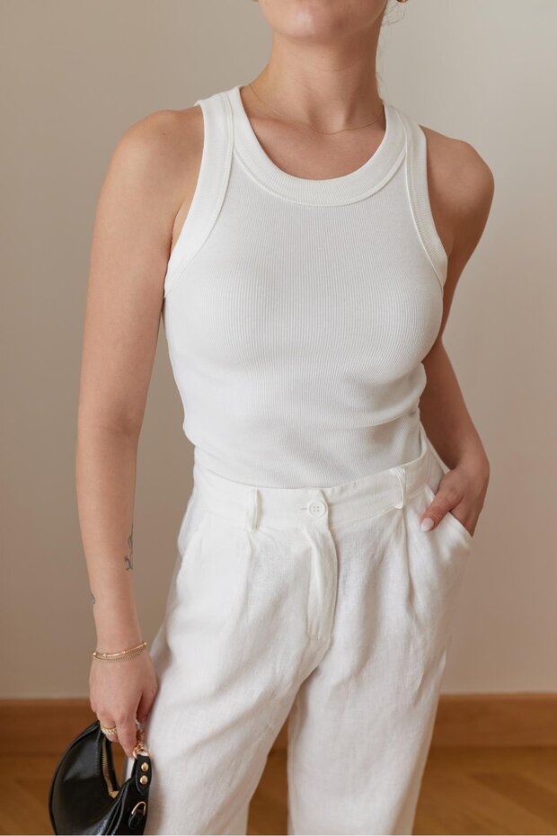 Beige Halter Neck Ribbed Tank Top