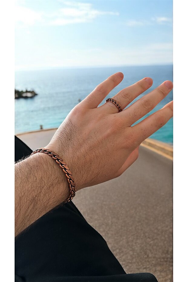 Copper Bracelet and Ring Men's Model Adjustable Distressed Useful for Health