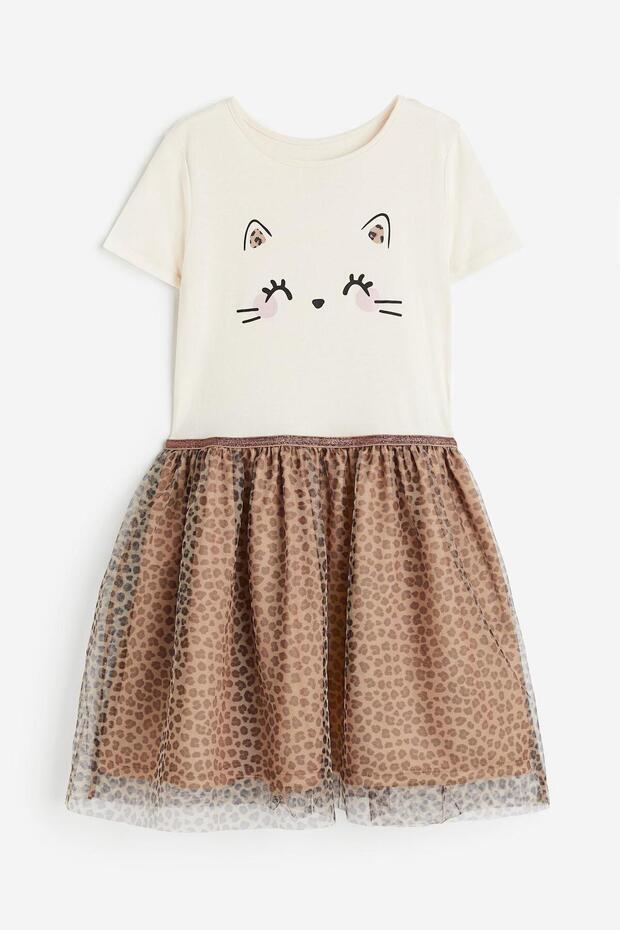 Girl's Skirt Leopard Pattern Printed Tulle Short Sleeve Dress