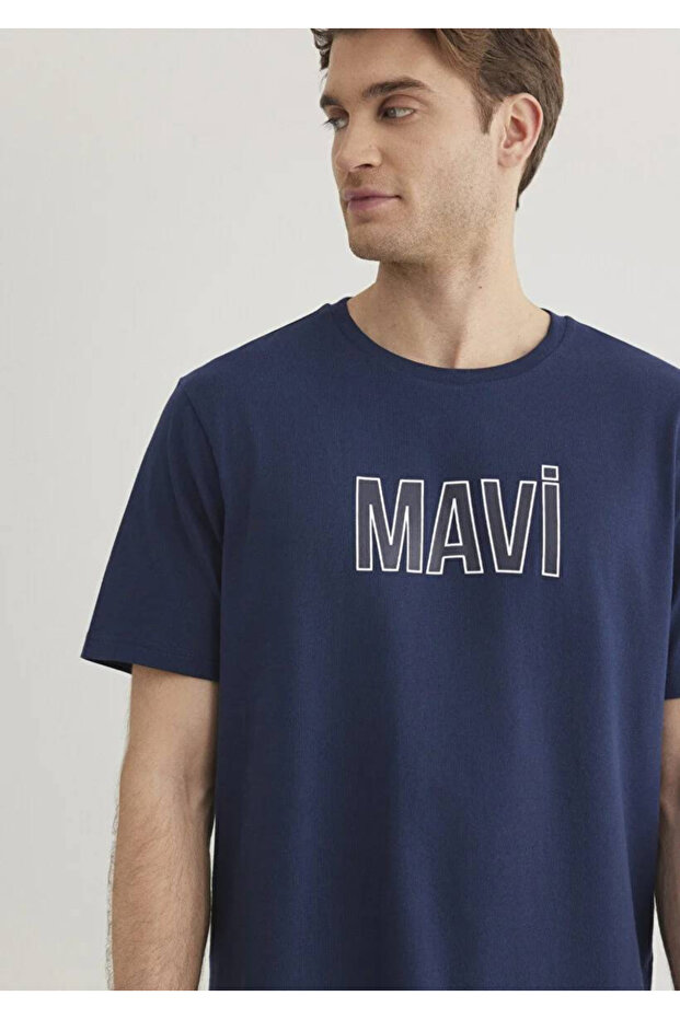 Logo Printed Navy Blue Men's T-Shirt M066842-70758