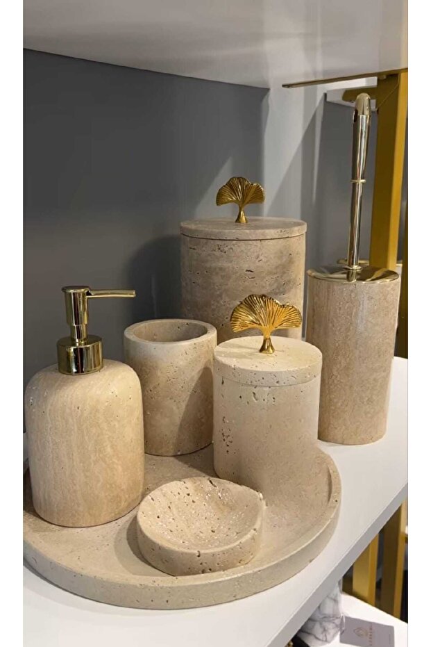 Natural Travertine Marble Leaf Detailed 7-Piece Marble Bathroom Set / Bowl Not Included