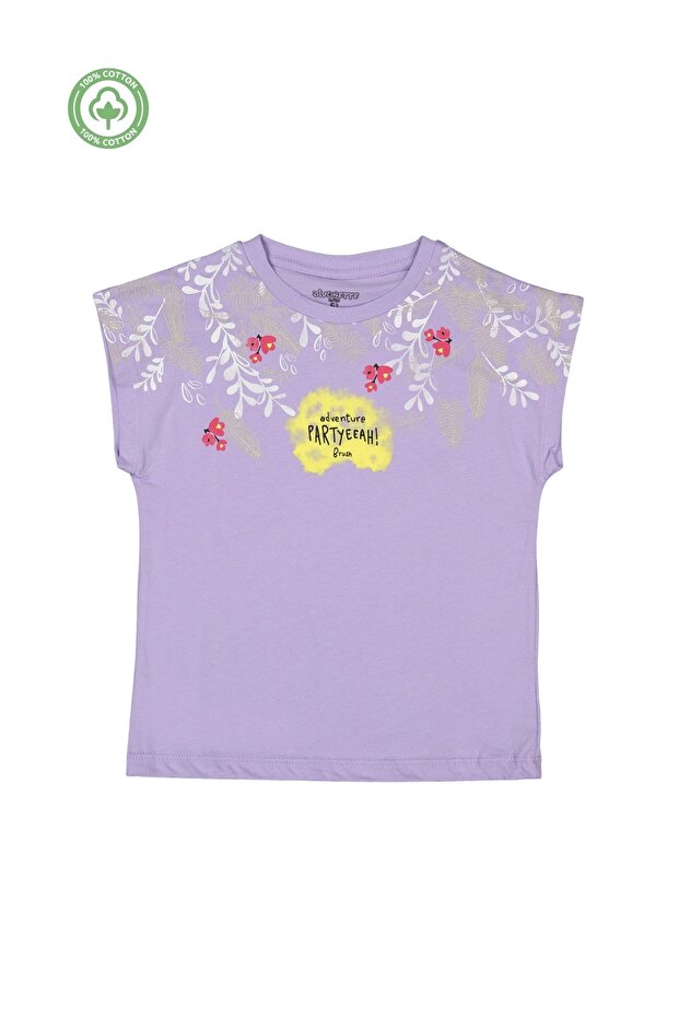 Girl's Lilac Sleeveless 100% Cotton Floral Pattern Printed T-Shirt