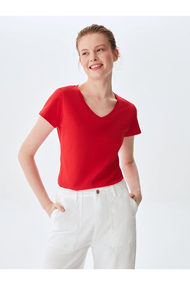 V Yaka Basıc Kısa Kol Regular Kırmızı T-shırt - 6