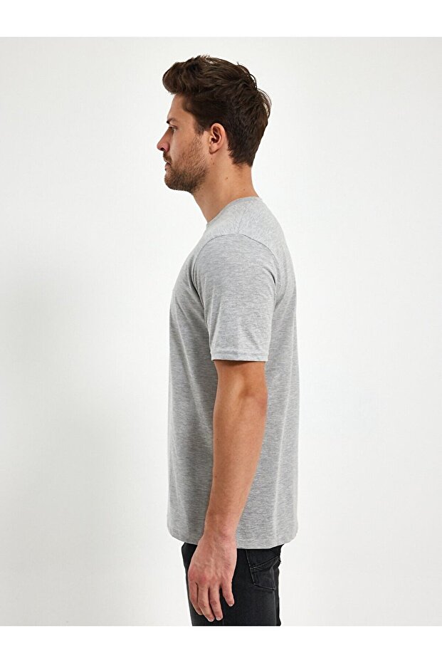 Sıfır Yaka Basıc Kısa Kol Regular Gri T-shırt - 4