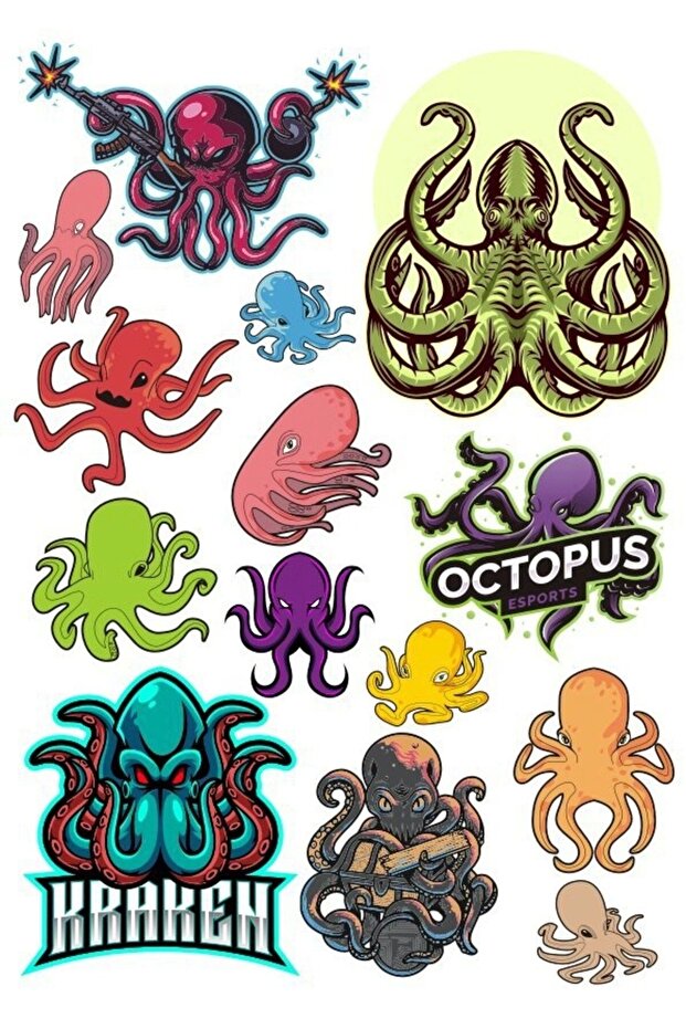 Octopus Sticker Set-1 17 Pieces Phone, Tablet, Notebook, Laptop Sticker