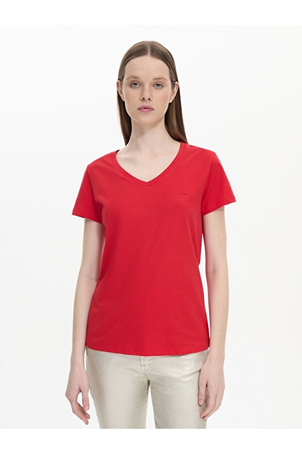 V Yaka Basıc Kısa Kol Regular Kırmızı T-shırt - 2