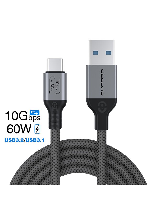 كابل UGOURD USB-A إلى Type-C بطول 1.5 متر، 10 جيجابت في الثانية، 60 واط، رمادي اللون، USB3.2 Gen2، نقل بيانات بسرعة 10 جيجابت في الثانية