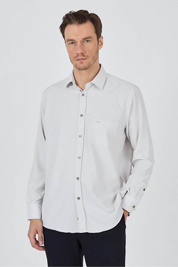 Men's Long Sleeve Patterned Hard Collar Pocket Cotton Comfort Fit Shirt 1004250174