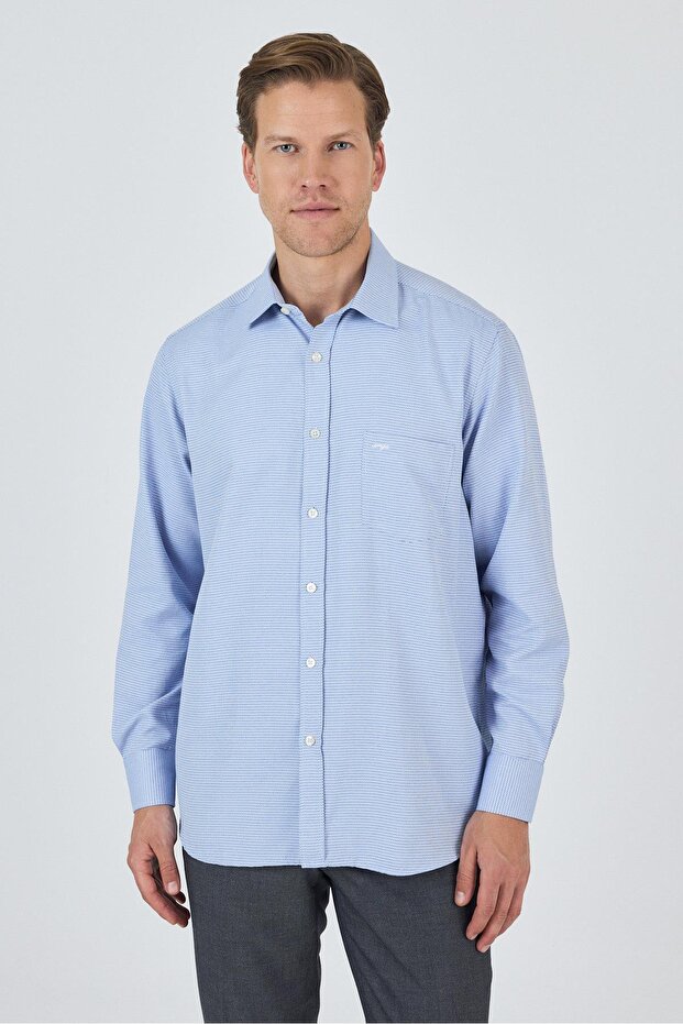 Men's Dark Blue Hard Collar Textured Cotton Comfort Fit Shirt 1004250219