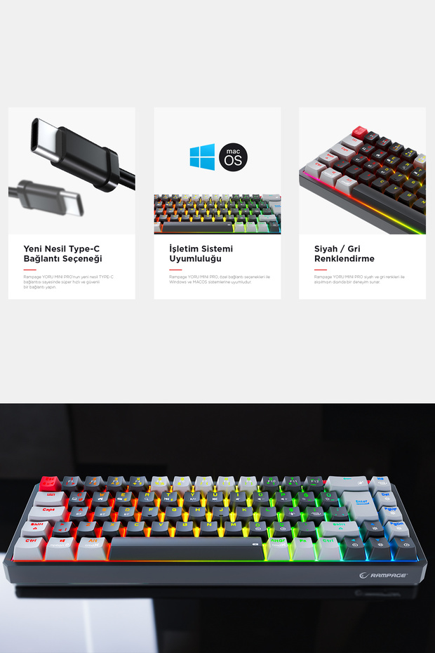 Yoru Mini Pro Type-c Rgb Red Swich Mekanik Kablosuz Oyuncu Klavyesi-siyah/gri - 6