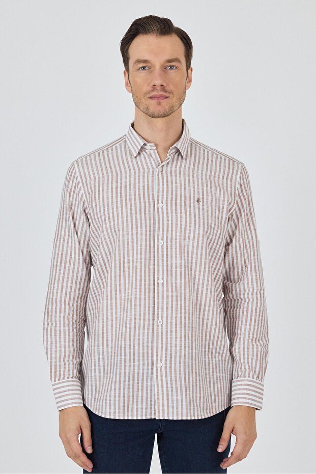 Brown Short-Sleeved Pocketless Cotton Casual Comfort Fit Shirt 1004250128