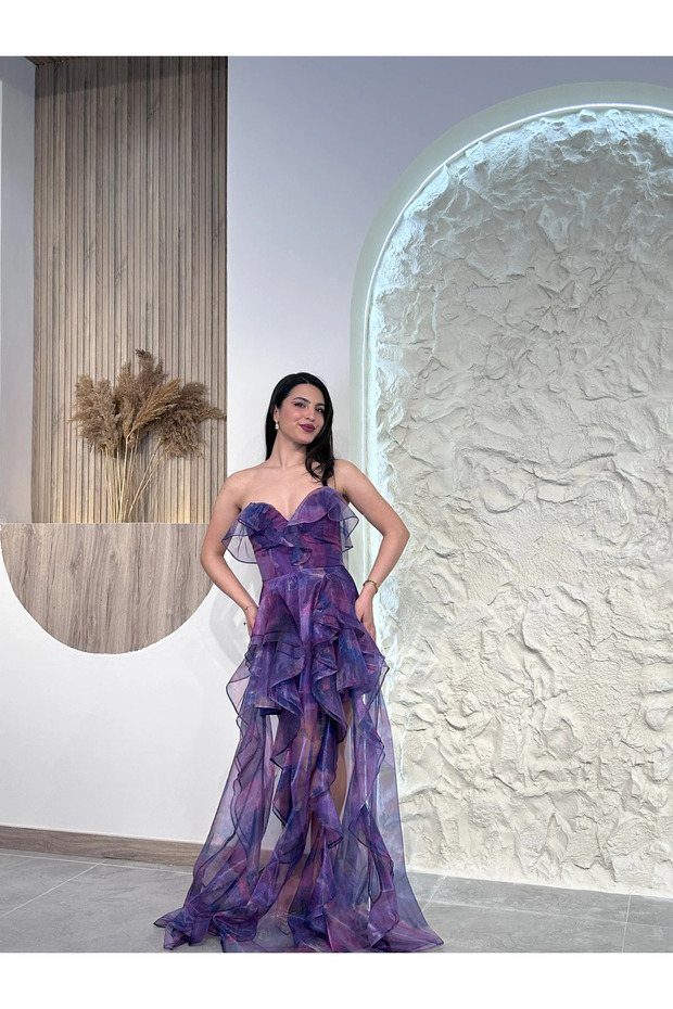 Mor 2000 Tül Abiye Elbise - 1