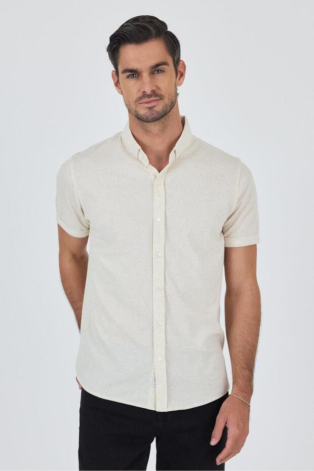 Men's Ecru Short Sleeve Knitted Buttoned Collar Cotton Slim Fit Shirt 1004250155_609