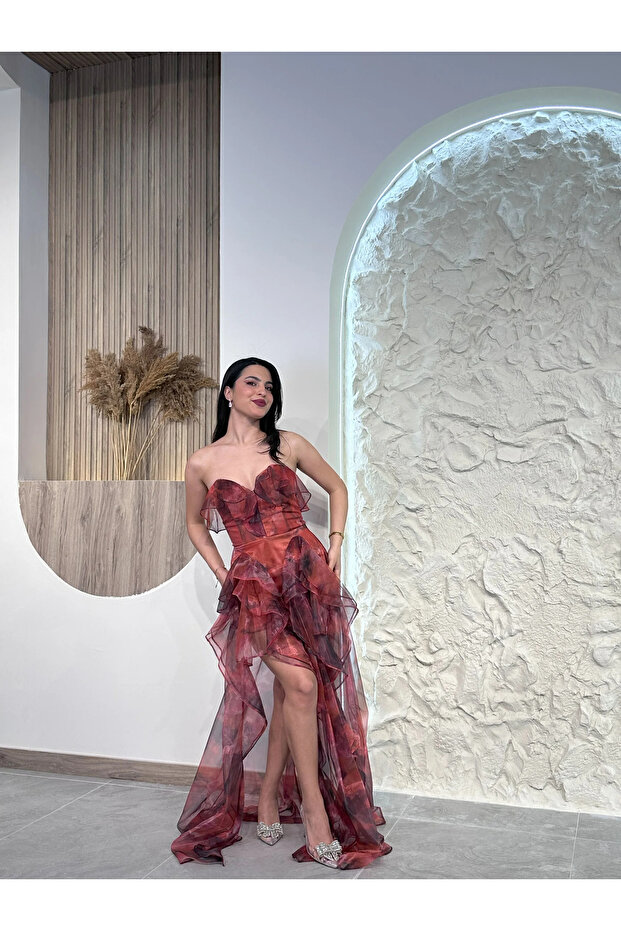 Turuncu 2000 Tül Abiye Elbise - 2